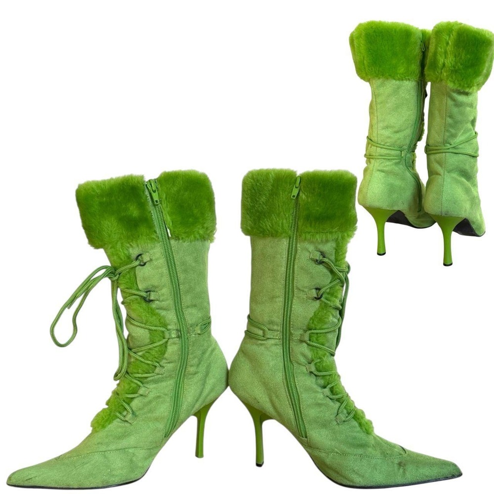 RARE GRAIL 90'S VTG. SPLASH LACE UP FUR POINTED TOE BOOTS 8.5 EUC - Picture 6 of 7